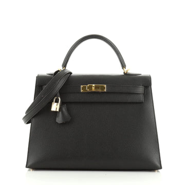 Hermes Kelly Handbag Black Vache Liegee with Gold Hardware 32