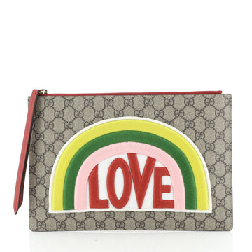 Zipped Pouch Embroidered GG Coated Canvas and Leather Large