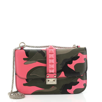 Valentino Glam Lock Shoulder Bag Camo Leather and Canvas Medium