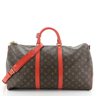Keepall Bandouliere Bag Monogram Canvas with Coquelicot Leather Trim 50