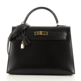 Hermes Kelly Handbag Black Box Calf with Gold Hardware 32