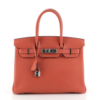 Hermes Birkin Handbag Red Clemence with Palladium Hardware 30