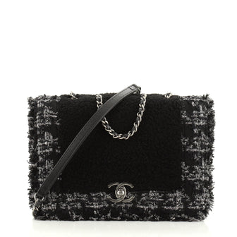 CC Chain Flap Bag Shearling with Tweed Small