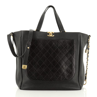 CC Front Pocket Tote Quilted Aged Calfskin and Caviar Medium