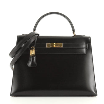 Kelly Handbag Noir Box Calf with Gold Hardware 32