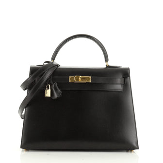 Hermes Kelly Handbag Black Box Calf with Gold Hardware 32