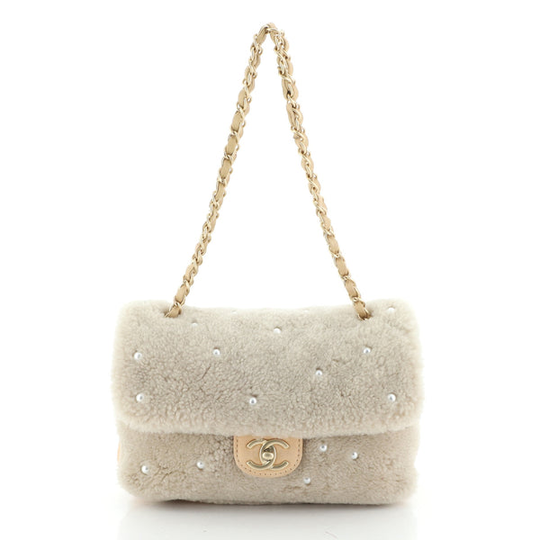 Chanel CC Chain Flap Bag Pearl Embellished Shearling Medium 51536