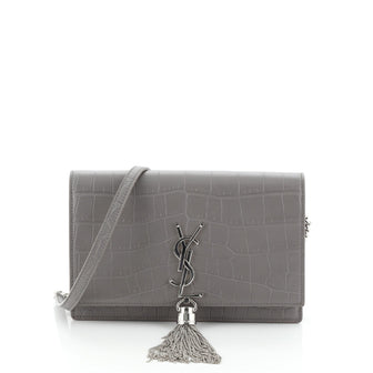 Saint Laurent Classic Monogram Tassel Chain Wallet Crocodile Embossed Leather 