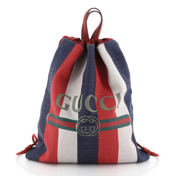Gucci Logo Drawstring Backpack Striped Raffia Large