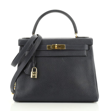 Hermes Kelly Handbag Blue Ardennes with Gold Hardware 28