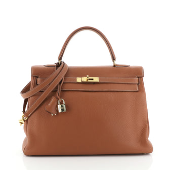 Hermes Kelly Handbag Brown Clemence with Gold Hardware 32