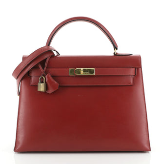 Hermes Kelly Handbag Red Box Calf with Gold Hardware 32