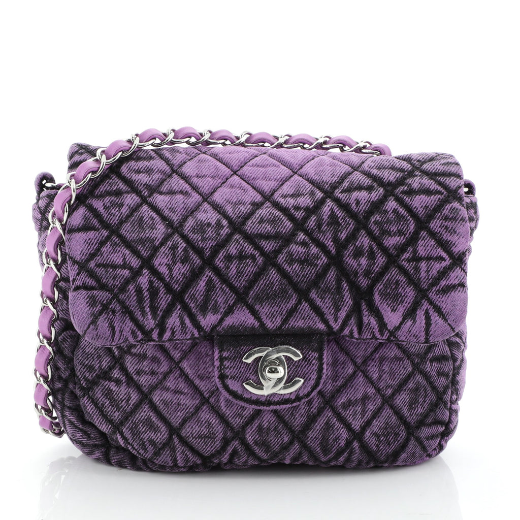Chanel CC Chain Flap Bag Quilted Distressed Denim Small Purple 516563