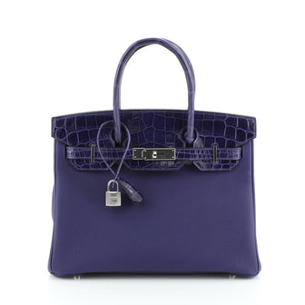 Hermes Touch Birkin Handbag Blue Togo with Shiny Niloticus Crocodile with Palladium Hardware 30