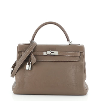 Hermes Kelly Handbag Grey Clemence with Palladium Hardware 32