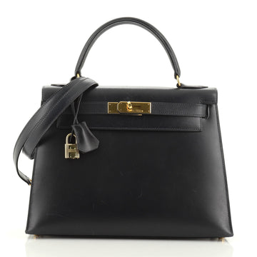 Hermes Kelly Handbag Blue Box Calf with Gold Hardware 28