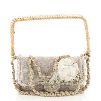 Chanel Camellia Flap Bag Quilted Burlap with Wicker Small