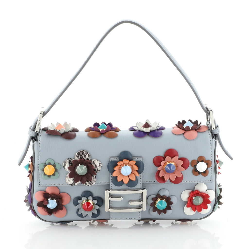 Fendi Flowerland Baguette Shoulder Bag Embellished Leather Medium