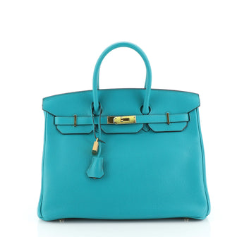 Birkin Handbag Bleu Paon Clemence with Gold Hardware 35