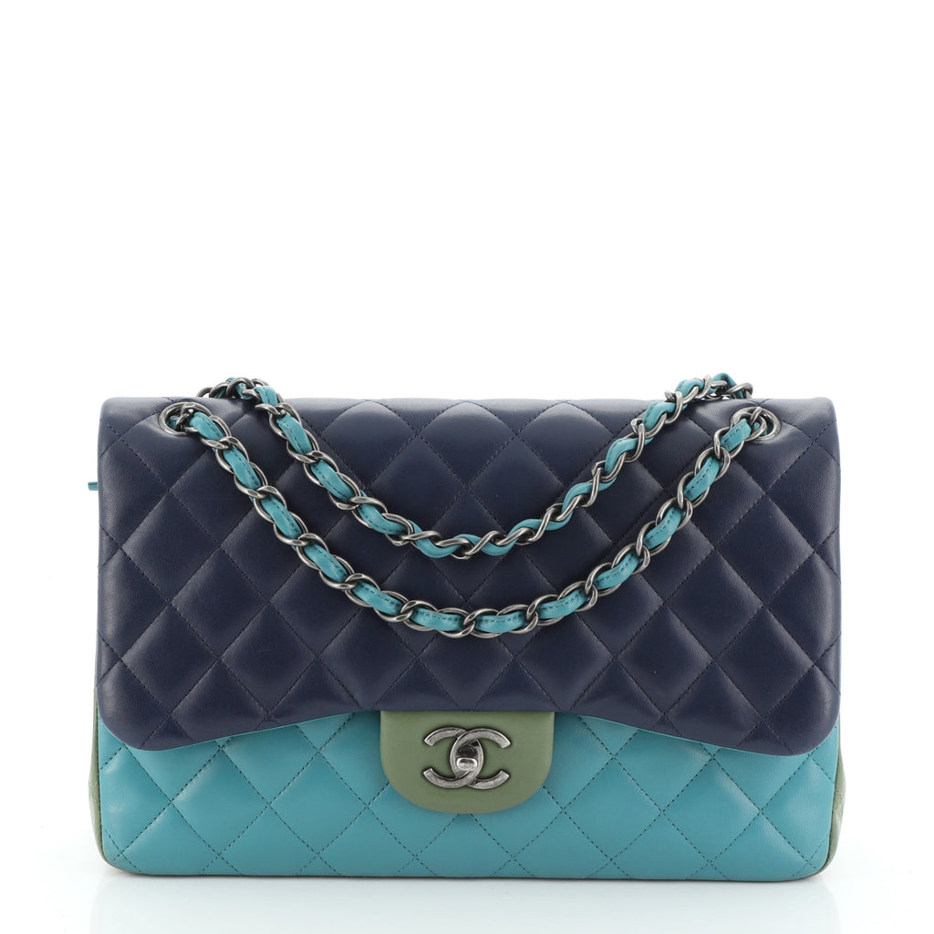 CHANEL Lambskin Quilted Tri-Color Medium Double Flap Green Pink 1305958
