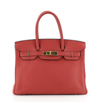 Hermes Birkin Handbag Red Clemence with Gold Hardware 30