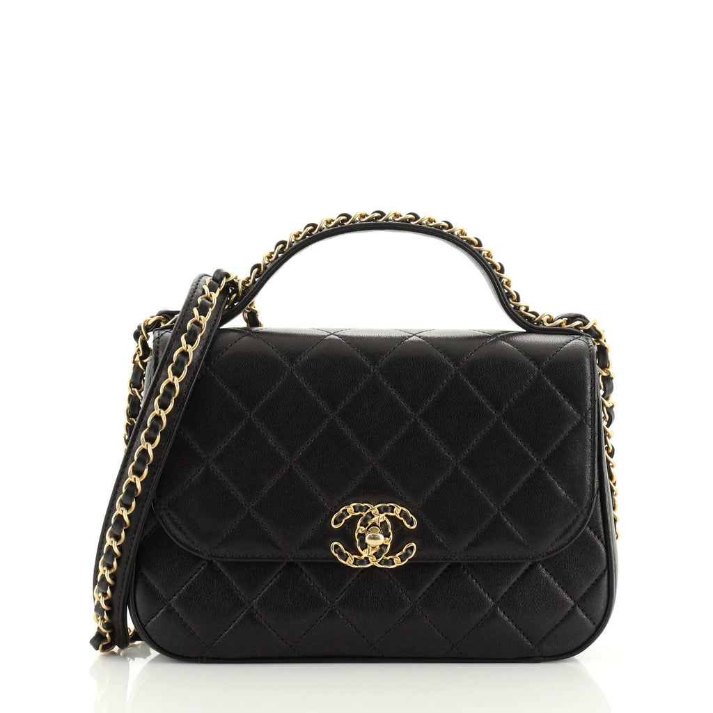 CHANEL Lambskin Quilted Chain Infinity Top Handle Flap Black