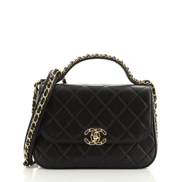 CHANEL Lambskin Quilted Chain Infinity Top Handle Flap Black 1141524