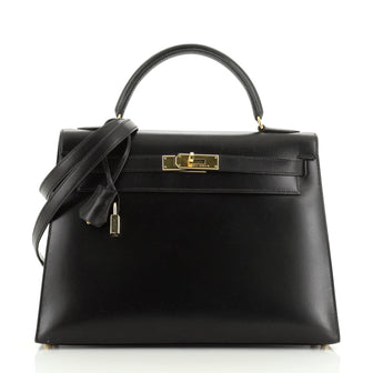 Hermes Kelly Handbag Black Box Calf with Gold Hardware 32