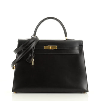 Hermes Kelly Handbag Black Box Calf with Gold Hardware 35