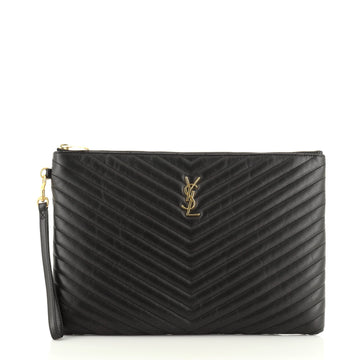 Saint Laurent Classic Monogram Wristlet Pouch Matelasse Chevron Leather Medium