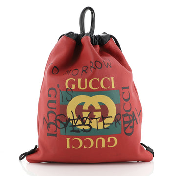 Gucci Logo Drawstring Backpack Printed Leather Large