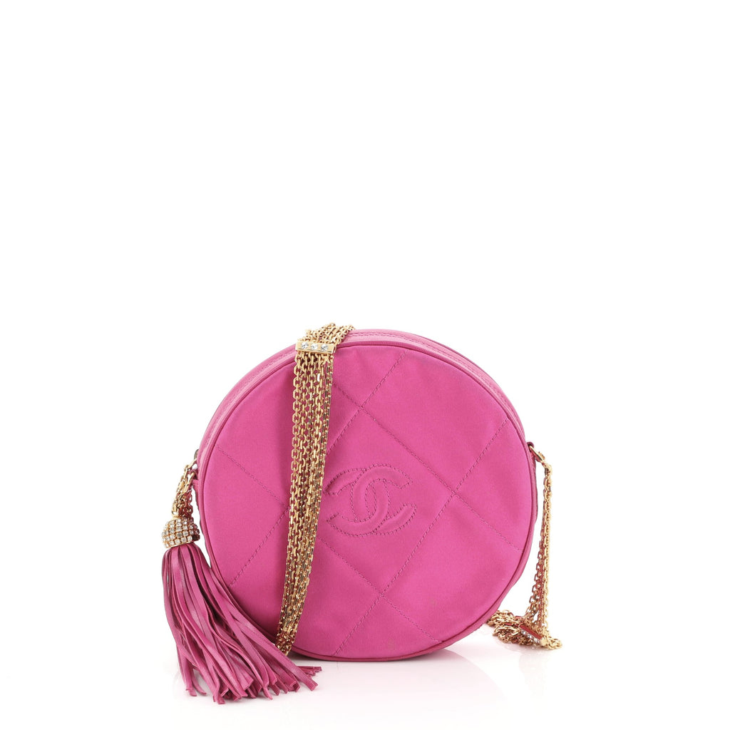 Chanel Vintage Round Tassel Crossbody Bag Quilted Satin Mini Pink 5342311