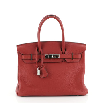 Hermes Birkin Handbag Red Clemence with Palladium Hardware 30