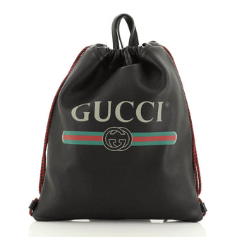 Gucci Logo Drawstring Backpack Printed Leather Large