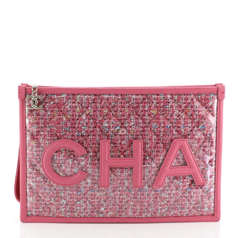 Chanel Logo Wristlet Clutch PVC Over Quilted Tweed Large