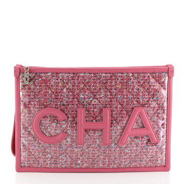 Chanel Logo Wristlet Clutch PVC Over Quilted Tweed Large