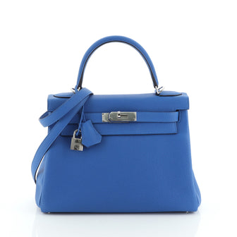 Hermes Kelly Handbag Blue Togo with Palladium Hardware 28