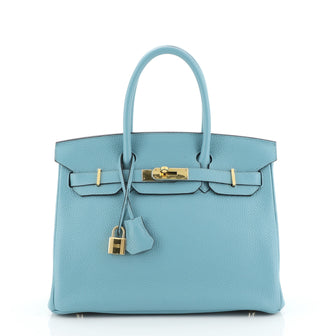 Hermes Birkin Handbag Blue Clemence with Gold Hardware 30