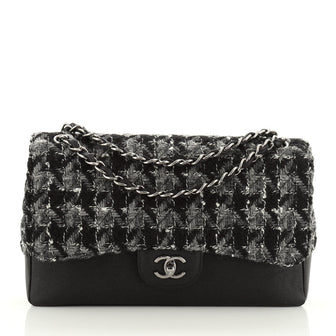 Chanel Classic Double Flap Bag Quilted Tweed and Caviar Jumbo