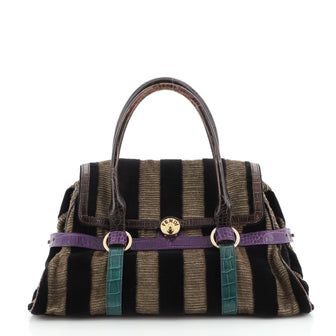 Fendi Vintage Flap Bag Velvet with Crocodile Embossed Detail Large