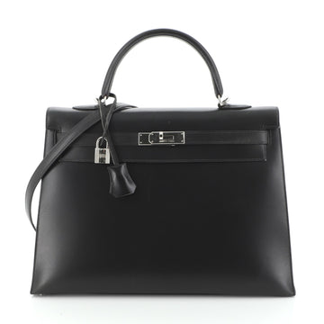 Hermes Kelly Handbag Black Box Calf with Palladium Hardware 35