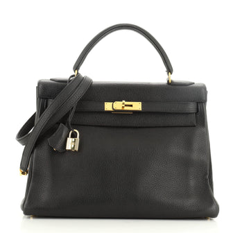 Hermes Kelly Handbag Black Clemence with Gold Hardware 32