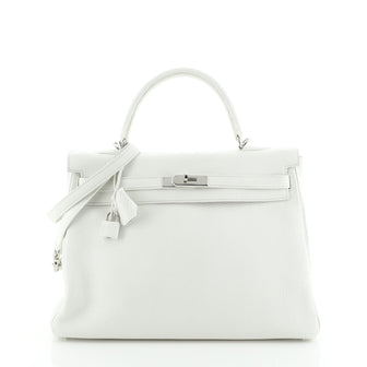 Hermes Kelly Handbag White Clemence with Palladium Hardware 35