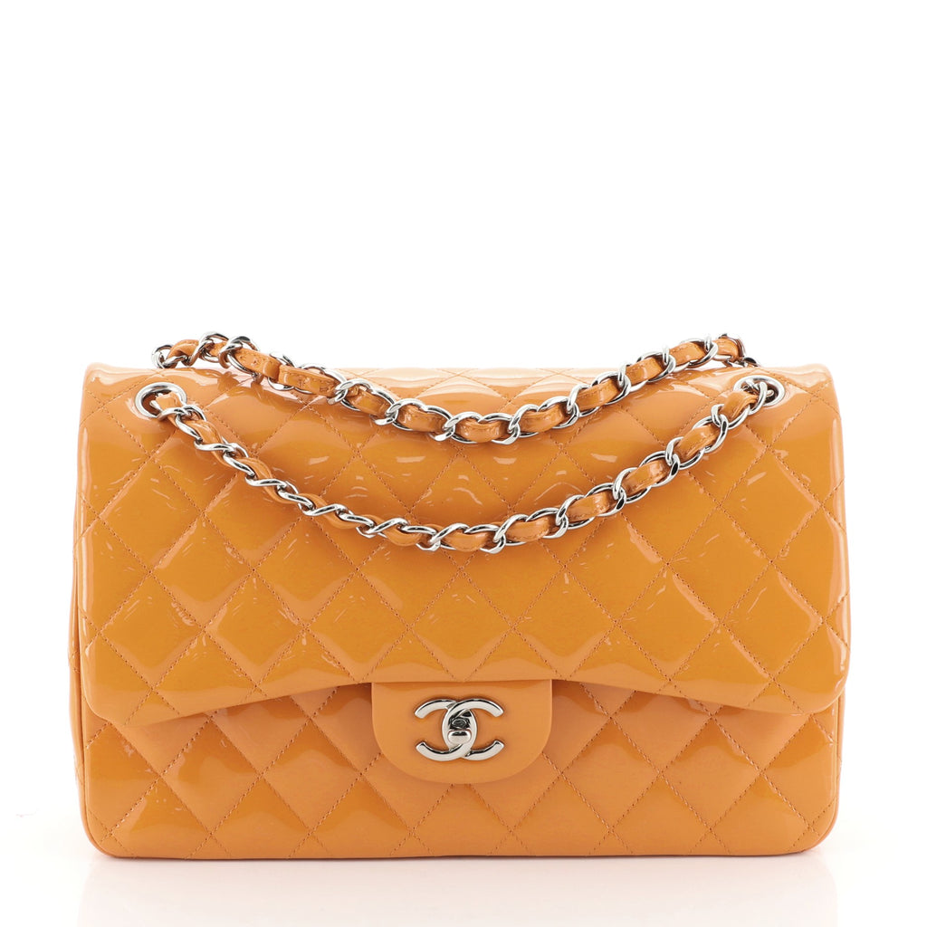 Chanel Classic Double Flap Bag Quilted Patent Jumbo Orange 538271