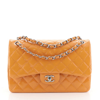 Chanel Orange Quilted Patent Leather Classic Jumbo Double Flap Bag - Miss  Bugis