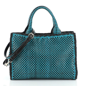 Prada Convertible Open Tote Madras Woven Leather Medium