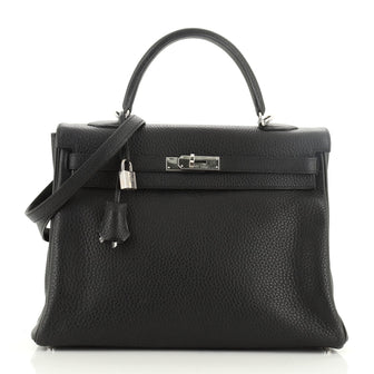 Hermes Kelly Handbag Black Clemence with Palladium Hardware 35