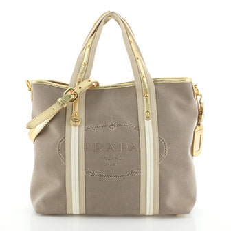 Prada Logo Convertible Tote Canvas with Studded Leather Large