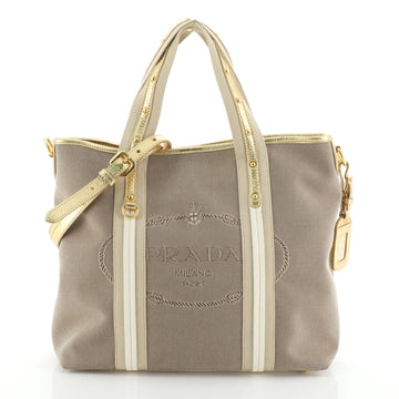 Prada Logo Convertible Tote Canvas with Studded Leather Large
