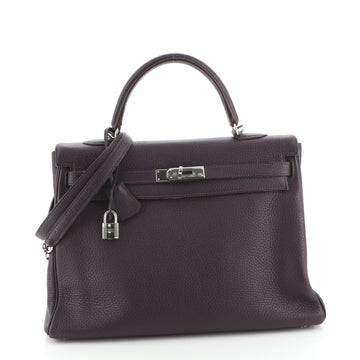 Hermes Kelly Handbag Purple Clemence with Palladium Hardware 35